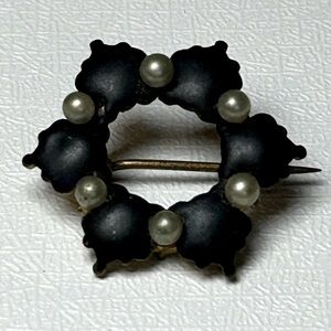 Victorian Black Enameled Genuine Seed Pearls Brass floral Mourning Pin Brooch